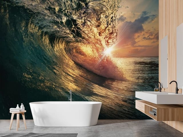 Fototapeta Zachód słońca nad falą morską (mpn: FT-3384) Fototapeta Morze i Ocean – fala morska w świetle zachodu