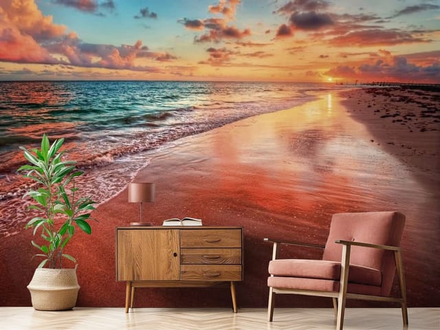 Fototapeta Plaża przy zachodzie słońca (mpn: FT-3399) Fototapeta krajobrazy morskie – plaża o zachodzie słońca