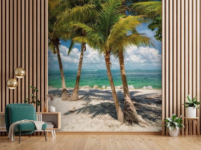 Fototapeta Palmy na Plaży z Błękitnym Niebem (mpn: FT-3403) Fototapeta Palmy – palmy na piaszczystej plaży, zielone morze