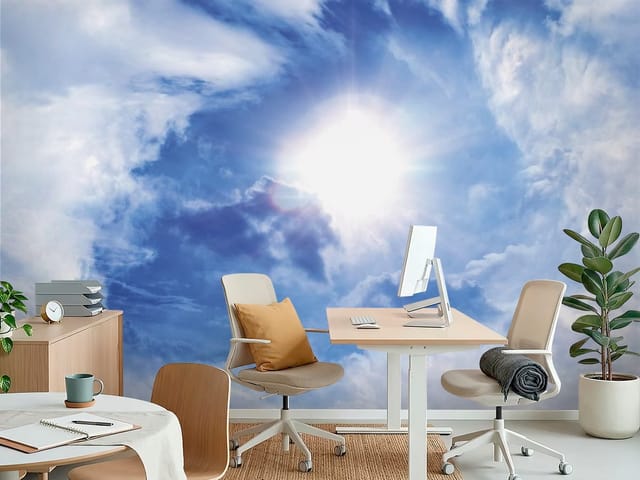 Fototapeta Słoneczne Niebo z Chmurami (mpn: FT-3414) Fototapeta Niebo i Chmury – jasne słońce na niebie otoczone białymi chmurami