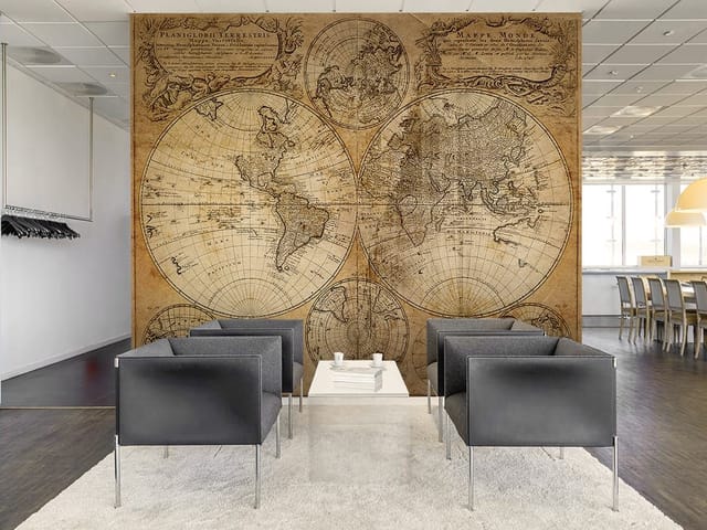 Fototapeta przedstawiająca starą mapę świata z kontynentami w dużych okręgach