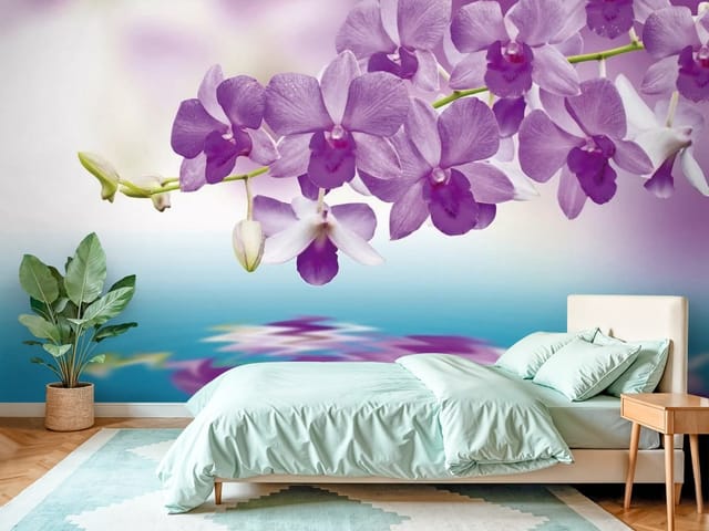 Fototapeta Gałąź orchidei nad wodą (mpn: FT-3463) Fototapeta storczyki – gałąź fioletowych orchidei nad wodą