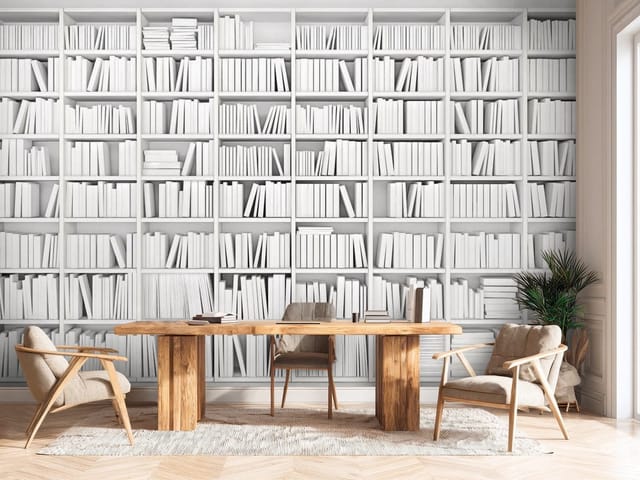 Fototapeta regały z książkami – biała biblioteczka wypełniona książkami