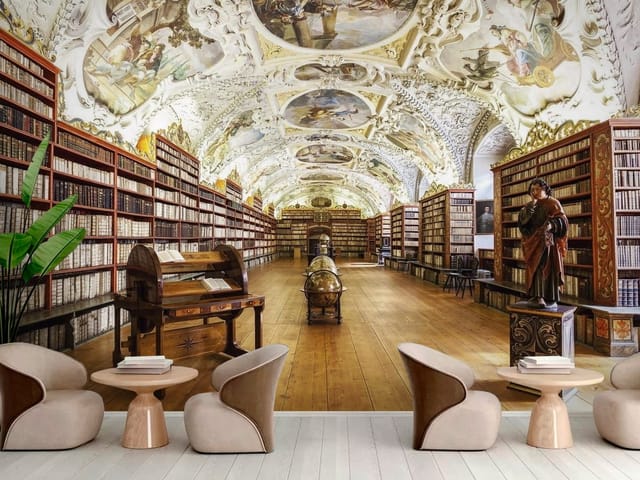 Fototapeta regały z książkami – wspaniała biblioteka z freskami