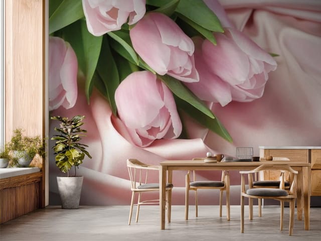 Fototapeta Bukiet różowych tulipanów na tkaninie (mpn: FT-3539) Fototapeta Tulipany – bukiet różowych tulipanów na tkaninie