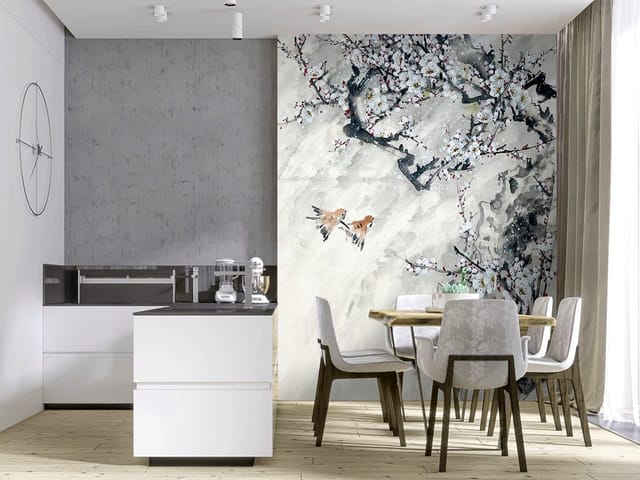 Fototapeta z gałęziami drzewa sakura pokrytymi białymi kwiatami na jasnym tle