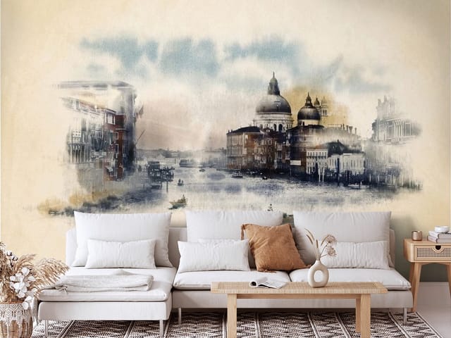 Fototapeta Ilustracje miast – widok na kanał z budynkami