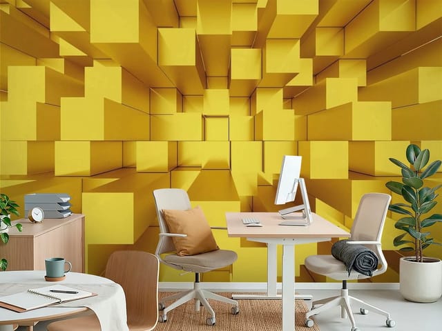 Fototapeta 3D abstrakcja – żółte geometryczne bryły 3D