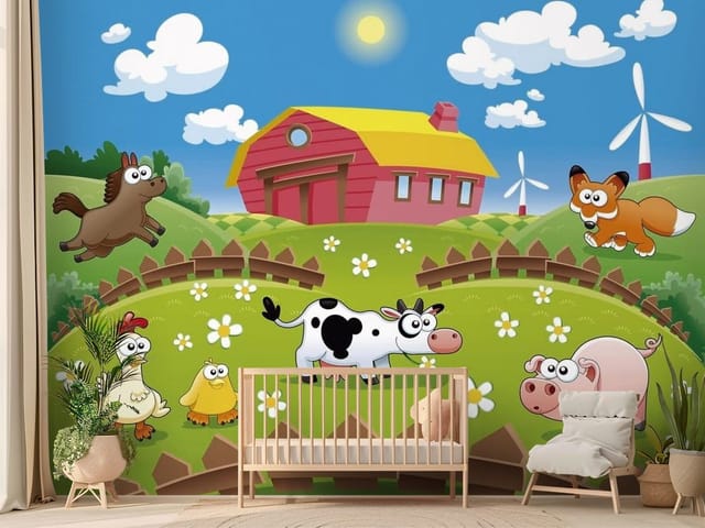 Fototapeta Zwierzęta na farmie w kreskówkach (mpn: FT-377) Fototapeta Bajki – zwierzęta na farmie w kreskówkowym stylu