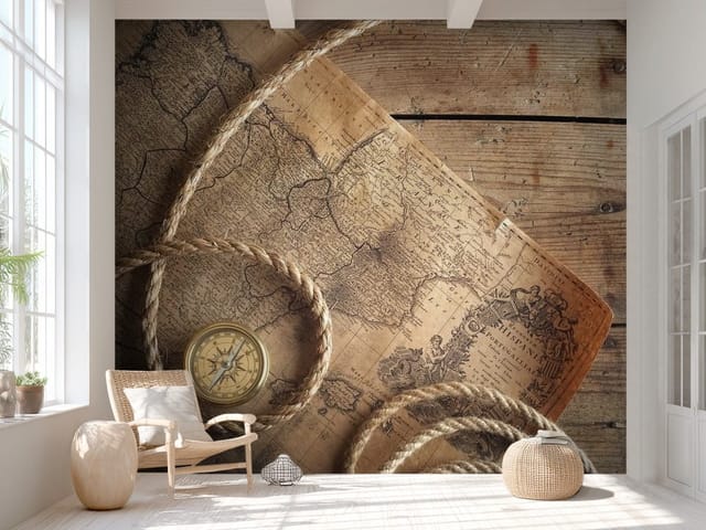 Fototapeta Stara mapa z kompasem i liną (mpn: FT-3776) Fototapeta Stare mapy – stara mapa z kompasem i liną