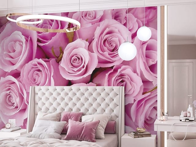 Fototapeta z bukietem różowych róż, gęsto ułożone kwiaty i delikatne cienie