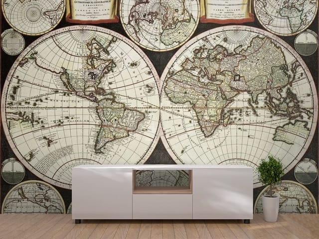 Fototapeta Stara mapa świata z globusami (mpn: FT-3947) Fototapeta Stare mapy – stara mapa świata z globusami
