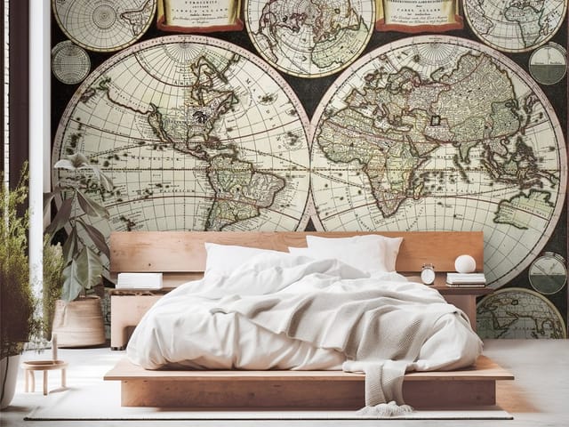Fototapeta Stara mapa świata z globusami (mpn: FT-3947) Fototapeta Stare mapy – stara mapa świata z globusami