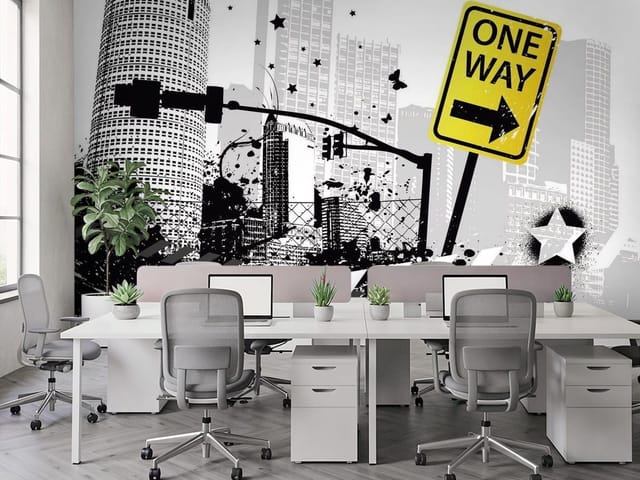 Fototapeta Ilustracje miast z żółtym znakiem One Way