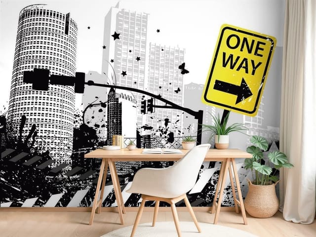 Fototapeta Ilustracje miast z żółtym znakiem One Way