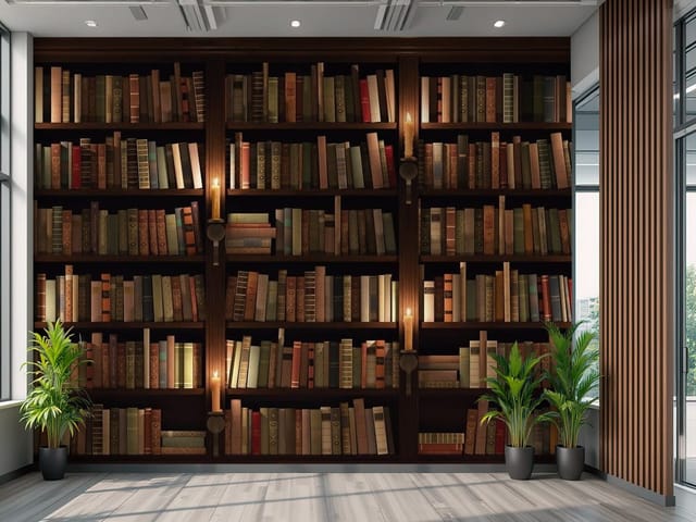 Fototapeta – drewniana biblioteczka wypełniona książkami