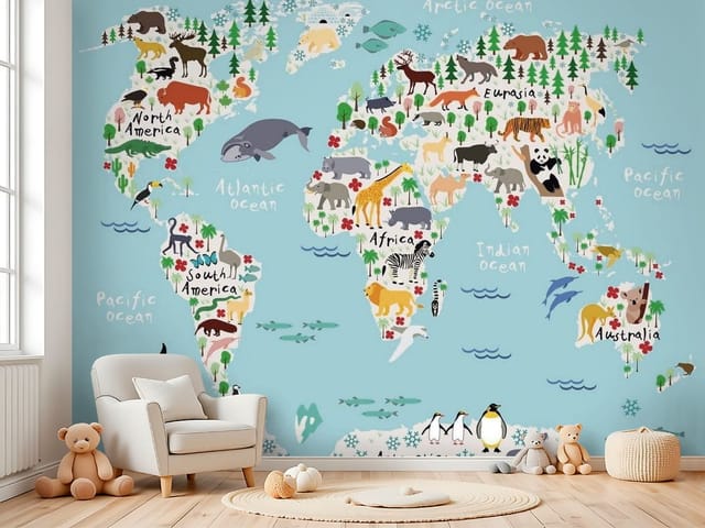 Fototapeta Mapa Świata dla Dzieci z Fauną (mpn: FT-4071) Fototapeta Mapy dziecięce – ilustracja mapy świata z fauną