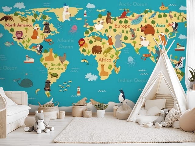 Fototapeta Mapa świata dla dzieci z kontynentami (mpn: FT-4075) Fototapeta mapy dziecięce – mapa świata z kontynentami