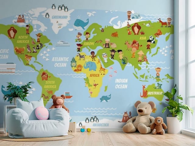 Fototapeta Mapa świata dla dzieci z postaciami (mpn: FT-4076) Fototapeta Mapy dziecięce – ilustracja z mapą świata