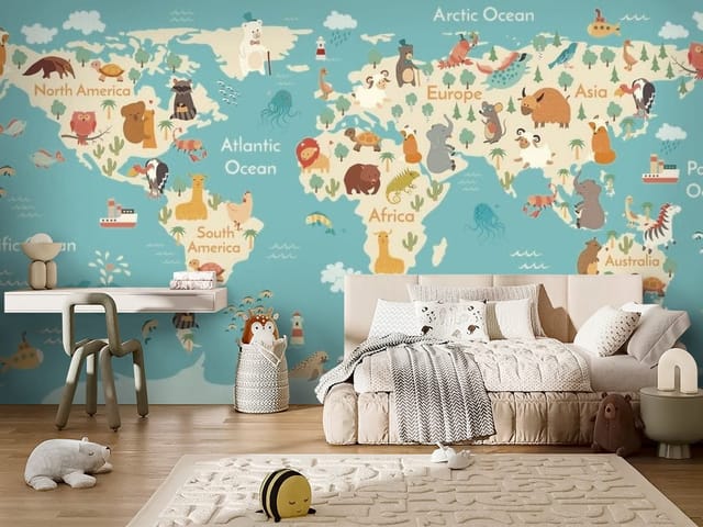 Fototapeta Mapa świata z kontynentami dla dzieci (mpn: FT-4077) Fototapeta Mapy dziecięce – mapa świata z kontynentami