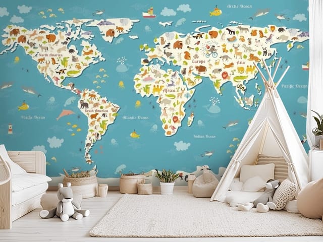 Fototapeta Mapa świata dla dzieci z zwierzętami (mpn: FT-4078) Fototapeta Mapy dziecięce ilustrowana mapa świata z kontynentami