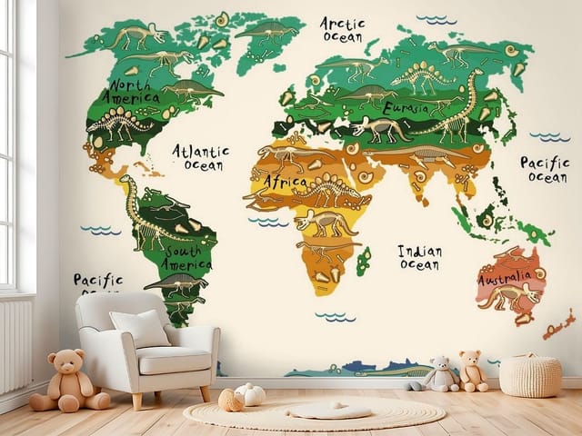 Fototapeta Mapa świata z dinozaurami (mpn: FT-4079) Fototapeta Mapy dziecięce – mapa świata z dinozaurami