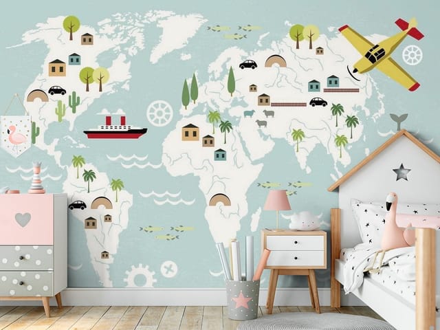 Fototapeta Mapa świata z ikonami dla dzieci (mpn: FT-4129) Fototapeta Mapy dziecięce – ilustracja mapy świata z ikonami