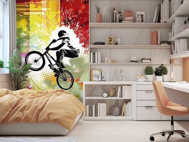 Fototapeta Rowerzysta w powietrzu na kolorowym tle (mpn: FT-4143) Fototapeta Siłownia – sylwetka rowerzysty wykonującego skok na rowerze