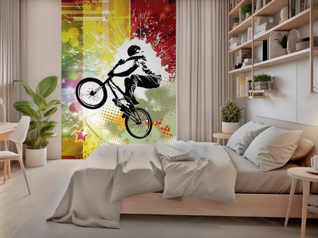 Fototapeta Rowerzysta w powietrzu na kolorowym tle (mpn: FT-4143) Fototapeta Siłownia – sylwetka rowerzysty wykonującego skok na rowerze