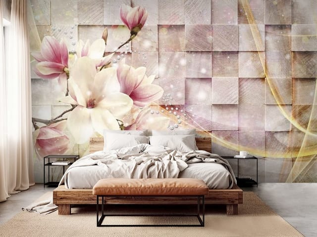 Fototapeta Magnolie na Gałęzi w Pastelach (mpn: FT-4257) Fototapeta 3D kwiaty – kwiaty magnolii na gałęzi