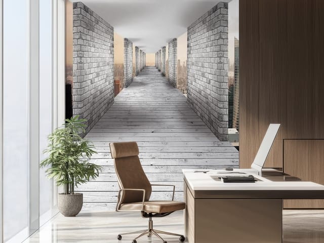 Fototapeta 3D tunel – długi korytarz z cegieł i drewniana podłoga