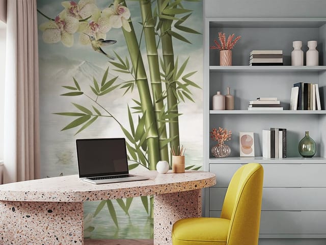 Fototapeta Bambus i Orchidee nad Wodą (mpn: FT-4332) Fototapeta Las bambusowy – zielone łodygi bambusa i orchidee
