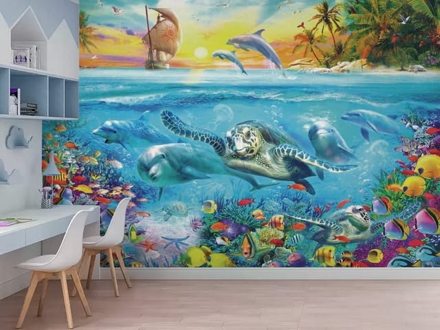 Fototapeta zwierzęta dziecięce – żółw morski i delfiny w oceanie