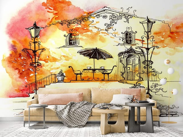 Fototapeta Taras z latarniami i stolikiem (kod: 4348) Fototapeta z tarasem, ozdobnymi latarniami i budynkiem w tle