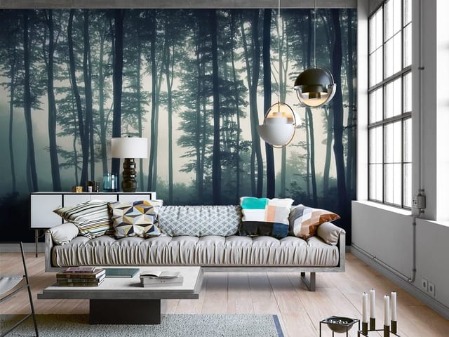 Fototapeta z wysokimi drzewami w lesie, mgła w tle