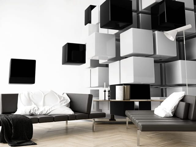 Fototapeta z czarno-białymi sześcianami na jasnym tle, tworząca trójwymiarową kompozycję