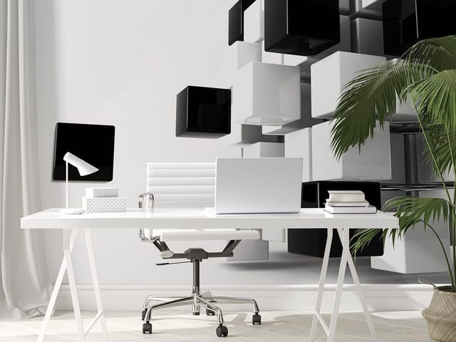 Fototapeta z czarno-białymi sześcianami na jasnym tle, tworząca trójwymiarową kompozycję