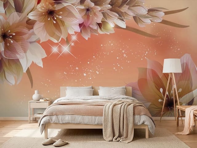 Fototapeta Pastelowe Kwiaty 3D na Pomarańczowym Tle (mpn: FT-4439) Fototapeta 3D kwiaty – duże kwiaty w pastelowych odcieniach na pomarańczowym tle