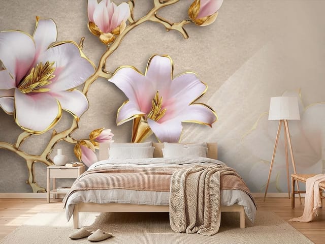 Fototapeta Magnolie 3D z Złotymi Akcentami (mpn: FT-4445) Fototapeta 3D kwiaty – duże kwiaty magnolii z różowymi płatkami