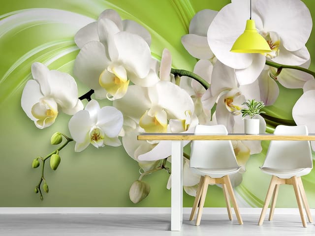 Fototapeta Białe Orchidee na Zielonym Tle (mpn: 4450) Fototapeta z białymi orchideami na zielonym tle z falistymi wzorami