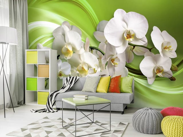 Fototapeta z białymi orchideami na zielonym tle z falistymi wzorami
