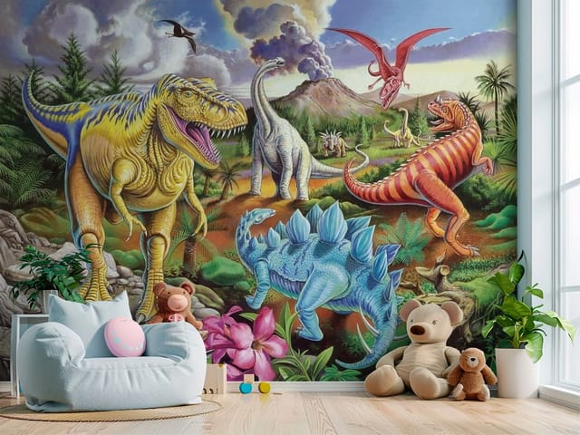 Fototapeta Dinozaury dziecięce – tyranozaur i wulkan