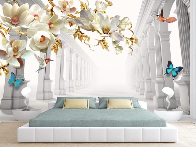 Fototapeta z magnoliami na złotych gałęziach i kolumnadą w tle