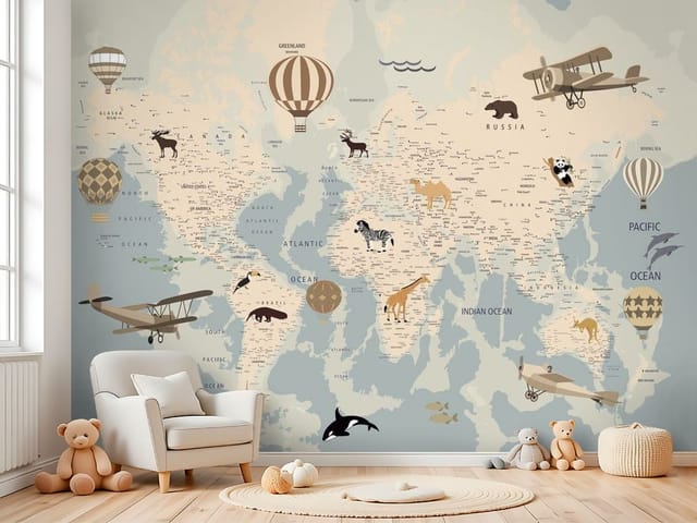 Fototapeta Mapy dziecięce – mapa świata z ilustracjami zwierząt