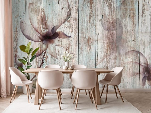 Fototapeta Magnolie na drewnianym tle (mpn: FT-4502) Fototapeta Magnolie z dużym kwiatem na tle drewnianych desek