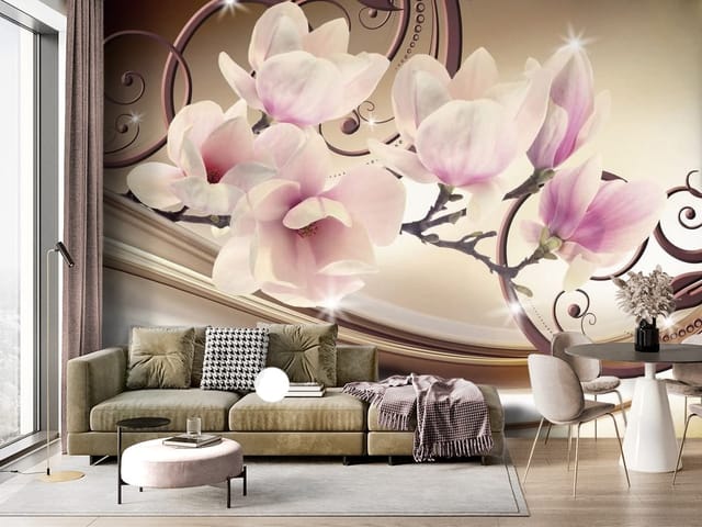Fototapeta Magnolie – kwiaty magnolii na gałęzi i wzory