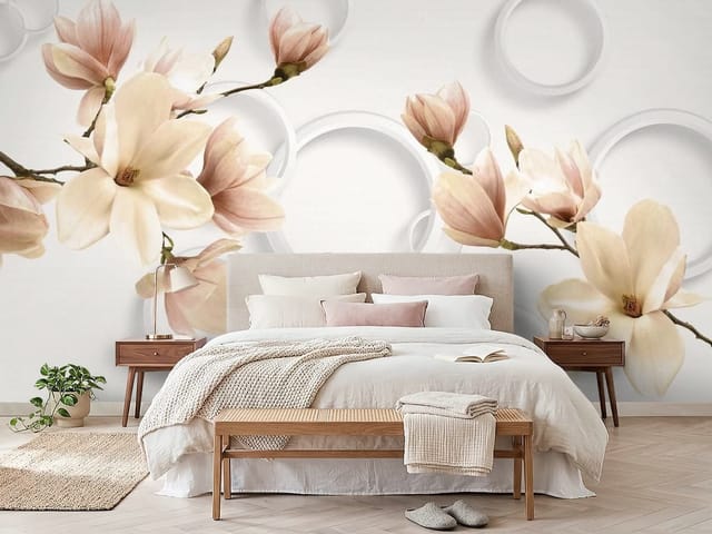 Fototapeta Magnolie na gałęziach z różowym tłem (mpn: FT-4511) Fototapeta magnolie – kwiaty magnolii na gałęziach z białymi okręgami