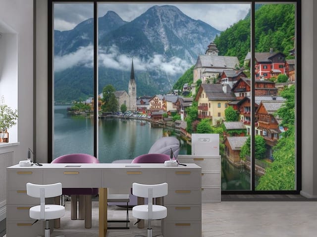 Fototapeta Widok z okna na miasteczko (mpn: FT-4558) Fototapeta Widok z okna – malownicze miasteczko nad jeziorem