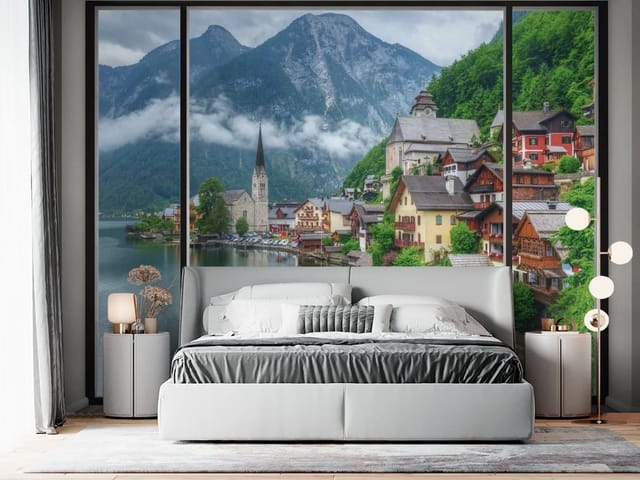 Fototapeta Widok z okna na miasteczko (mpn: FT-4558) Fototapeta Widok z okna – malownicze miasteczko nad jeziorem