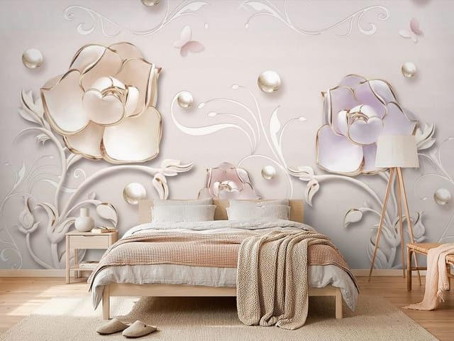 Fototapeta Stylizowane Kwiaty z Delikatnymi Liśćmi (mpn: FT-4566) Fototapeta 3D kwiaty – trzy stylizowane kwiaty z liśćmi